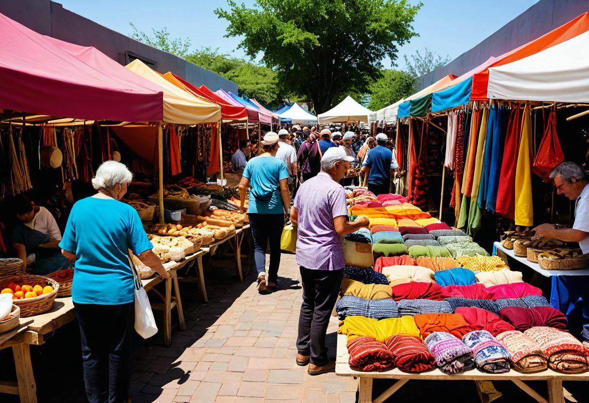 A vibrant marketplace filled with local vendors showcasing unique handmade products, featuring colorful stalls and enthusiastic shoppers. Highlight regional crafts, traditional services, and cultural elements like textiles and food. Capture the warmth and creativity of community interactions in a sunny outdoor setting. vivid colors. impressionistic style.