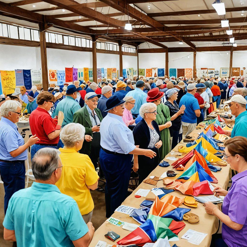 A lively local auction scene with diverse community members bidding on unique items like vintage collectibles, handmade crafts, and antiques. Highlight colorful banners promoting local services and warm, engaging expressions on participants' faces. The setting should evoke a sense of excitement and community spirit, with a vibrant atmosphere full of interesting objects. watercolor painting. bright colors. detailed textures.