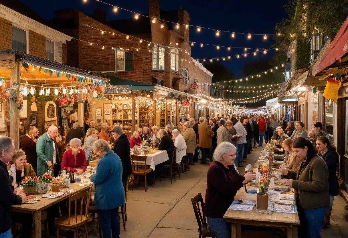 A lively local auction scene featuring diverse community members engaging in friendly bidding over charming handmade goods and unique antiques. Vibrant decorations, colorful banners, and a warm atmosphere should fill the backdrop, highlighting neighborhood connections. Capture moments of laughter, discussions, and interactions to showcase community spirit. super-realistic. vibrant colors. warm lighting.